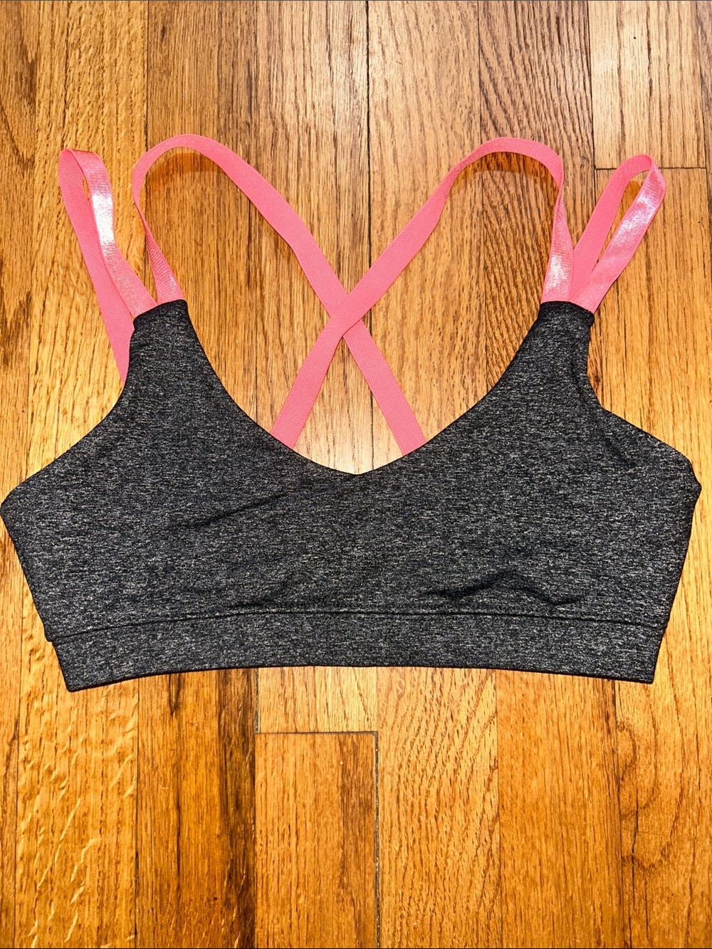 Strappy Sports Bras in heathered slate gray with pink